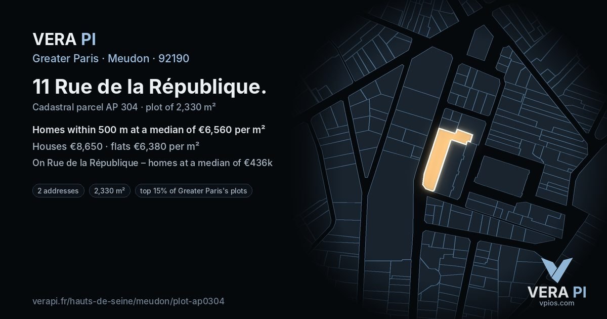 11 Rue de la République, Meudon at night – the plot lit, the parcels around coloured by the prices near them