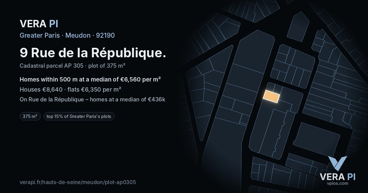9 Rue de la République, Meudon at night – the plot lit, the parcels around coloured by the prices near them