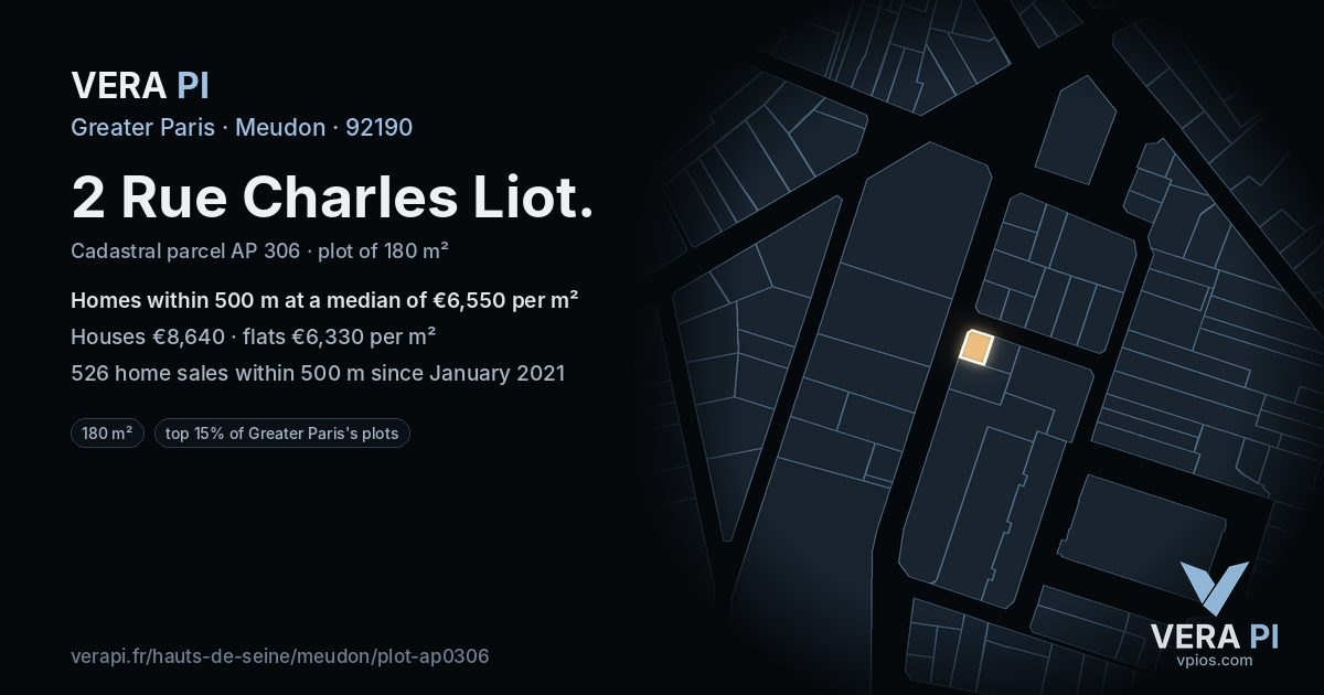 2 Rue Charles Liot, Meudon at night – the plot lit, the parcels around coloured by the prices near them