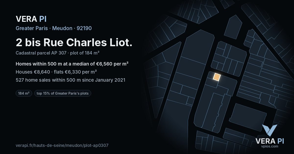 2 bis Rue Charles Liot, Meudon at night – the plot lit, the parcels around coloured by the prices near them
