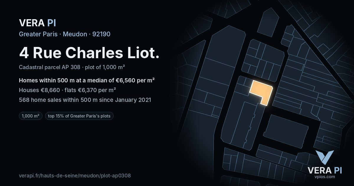 4 Rue Charles Liot, Meudon at night – the plot lit, the parcels around coloured by the prices near them