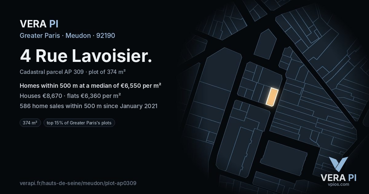 4 Rue Lavoisier, Meudon at night – the plot lit, the parcels around coloured by the prices near them