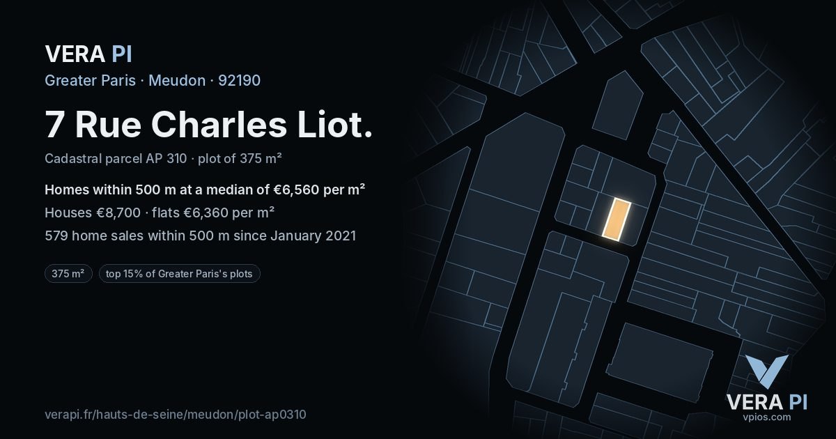 7 Rue Charles Liot, Meudon at night – the plot lit, the parcels around coloured by the prices near them