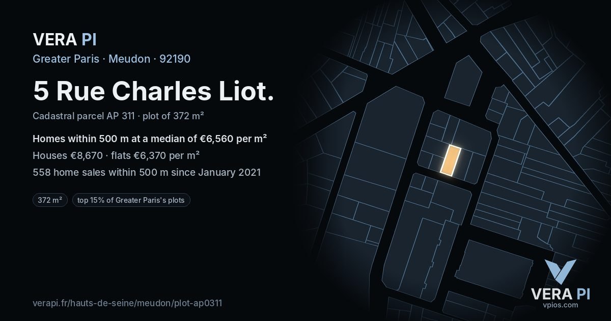 5 Rue Charles Liot, Meudon at night – the plot lit, the parcels around coloured by the prices near them