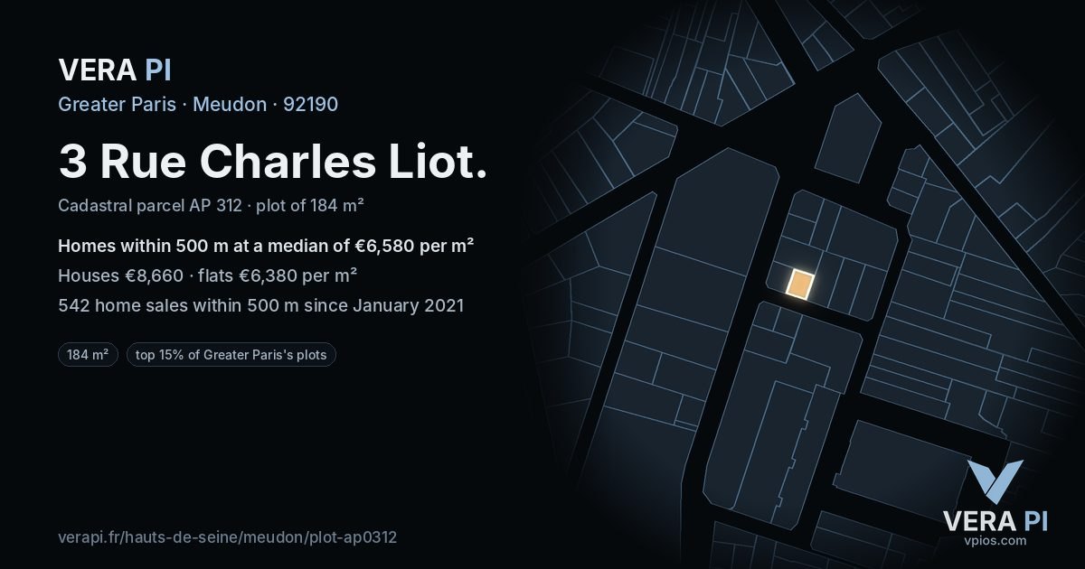 3 Rue Charles Liot, Meudon at night – the plot lit, the parcels around coloured by the prices near them