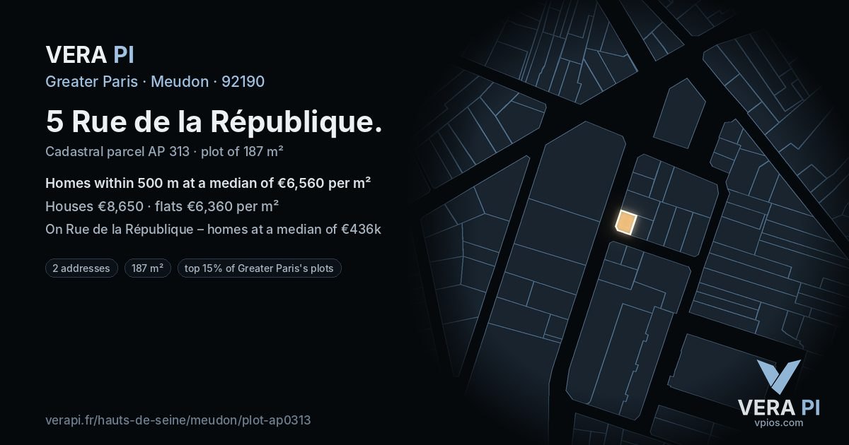 5 Rue de la République, Meudon at night – the plot lit, the parcels around coloured by the prices near them
