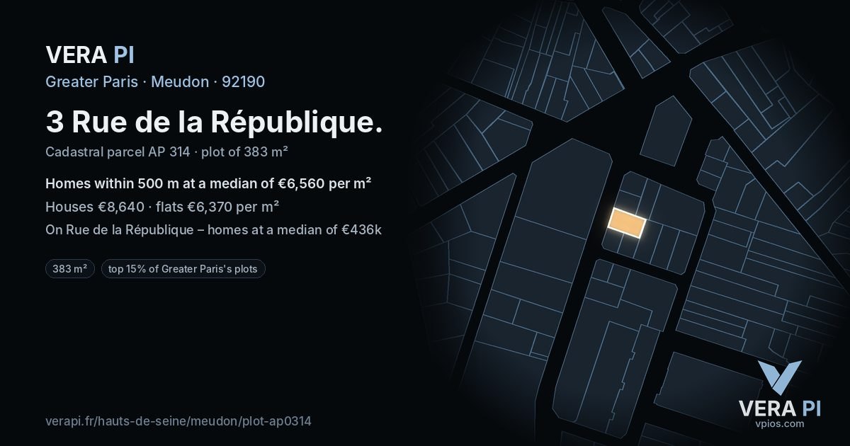 3 Rue de la République, Meudon at night – the plot lit, the parcels around coloured by the prices near them