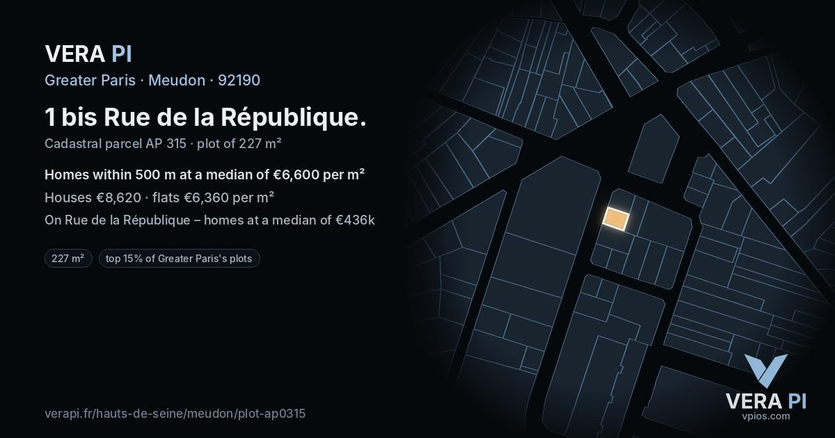 1 bis Rue de la République, Meudon at night – the plot lit, the parcels around coloured by the prices near them