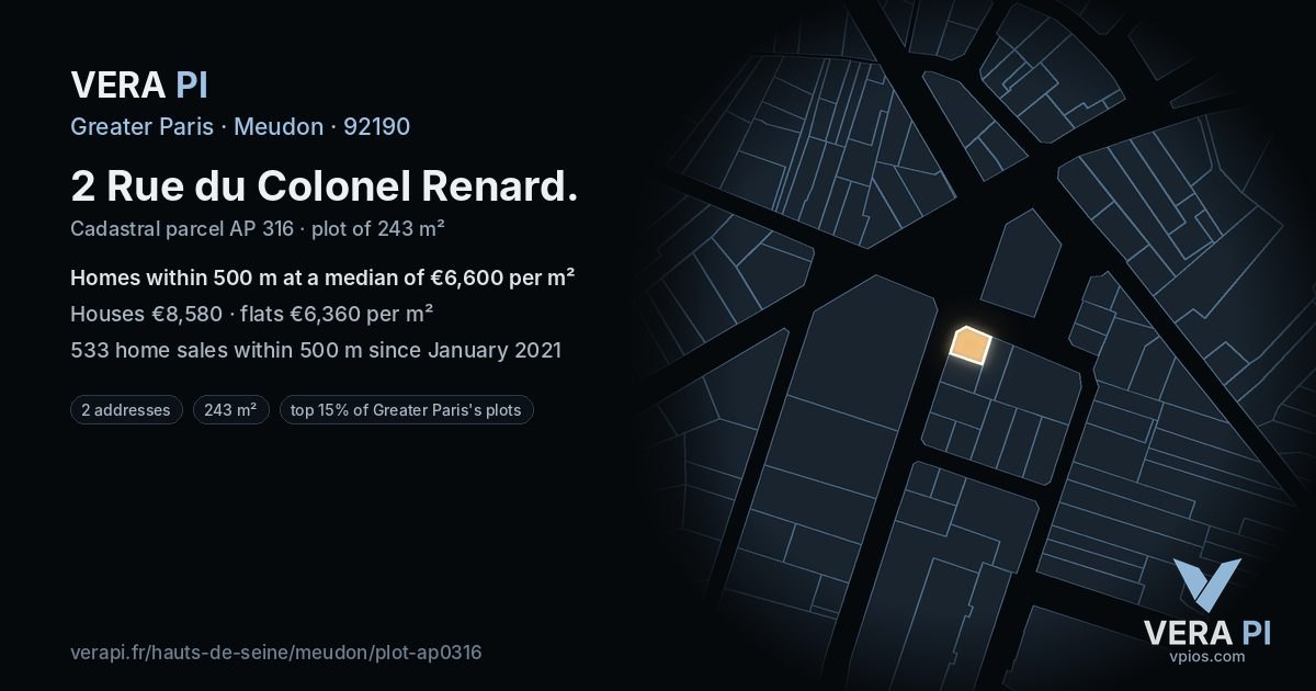 2 Rue du Colonel Renard, Meudon at night – the plot lit, the parcels around coloured by the prices near them