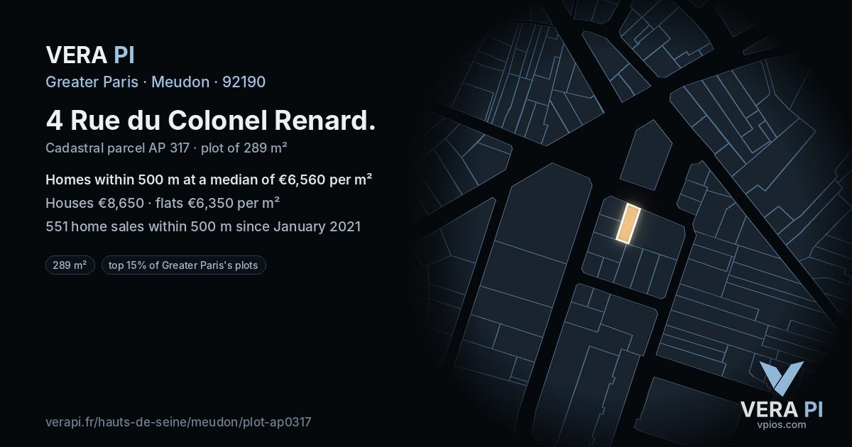 4 Rue du Colonel Renard, Meudon at night – the plot lit, the parcels around coloured by the prices near them