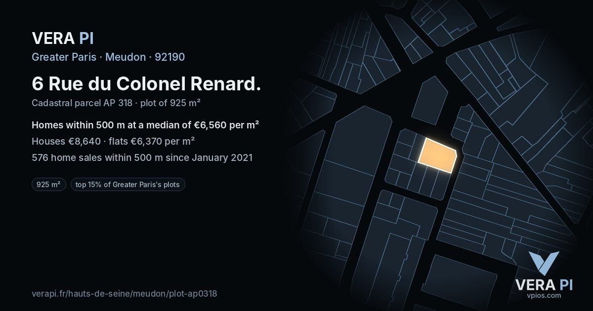 6 Rue du Colonel Renard, Meudon at night – the plot lit, the parcels around coloured by the prices near them