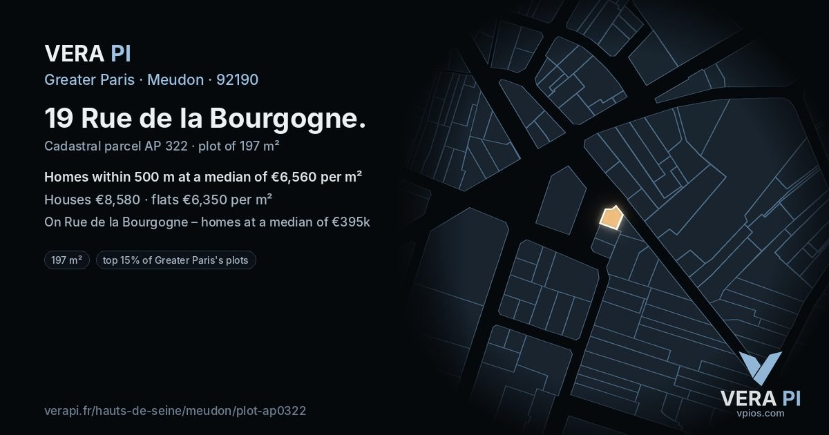 19 Rue de la Bourgogne, Meudon at night – the plot lit, the parcels around coloured by the prices near them
