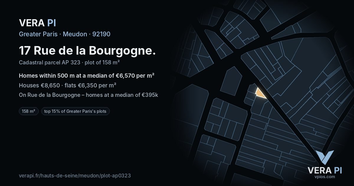 17 Rue de la Bourgogne, Meudon at night – the plot lit, the parcels around coloured by the prices near them