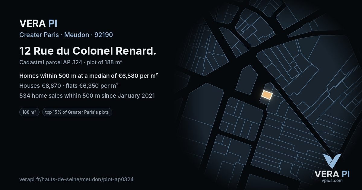 12 Rue du Colonel Renard, Meudon at night – the plot lit, the parcels around coloured by the prices near them