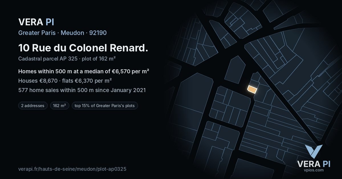 10 Rue du Colonel Renard, Meudon at night – the plot lit, the parcels around coloured by the prices near them