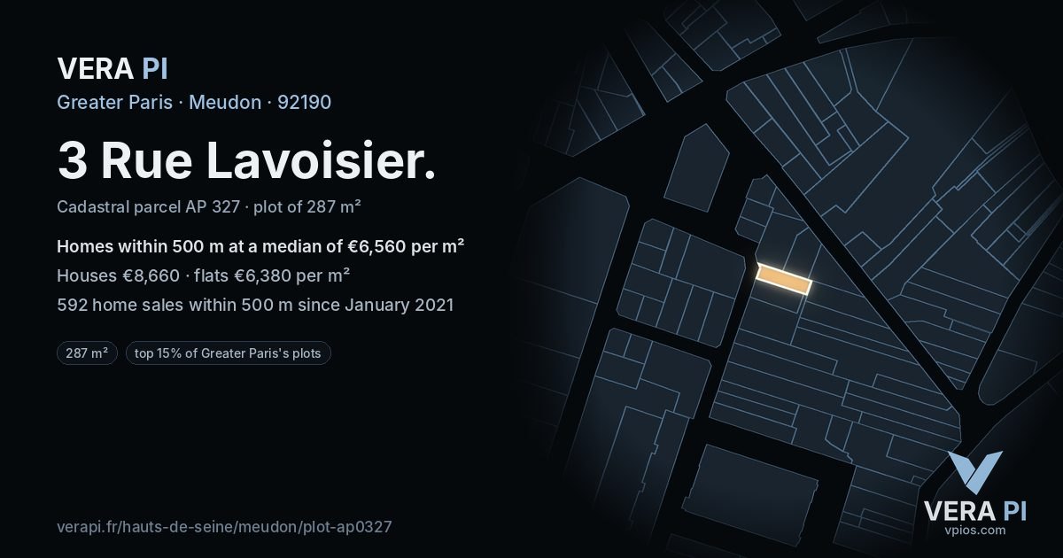 3 Rue Lavoisier, Meudon at night – the plot lit, the parcels around coloured by the prices near them