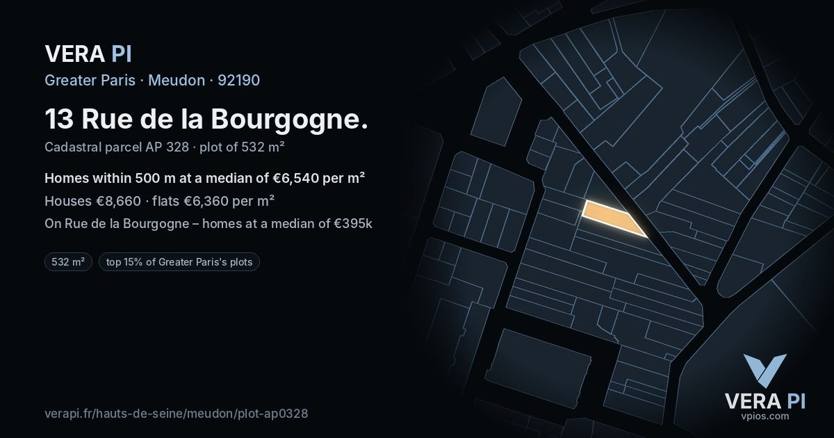 13 Rue de la Bourgogne, Meudon at night – the plot lit, the parcels around coloured by the prices near them