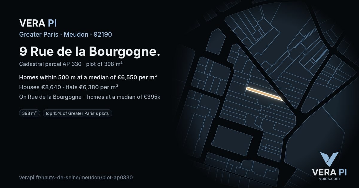 9 Rue de la Bourgogne, Meudon at night – the plot lit, the parcels around coloured by the prices near them
