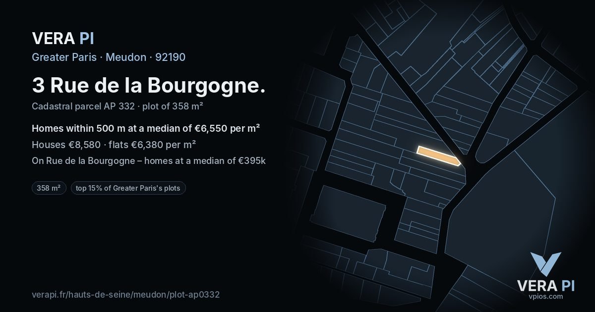 3 Rue de la Bourgogne, Meudon at night – the plot lit, the parcels around coloured by the prices near them