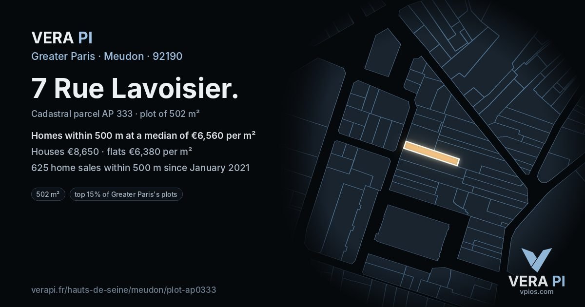 7 Rue Lavoisier, Meudon at night – the plot lit, the parcels around coloured by the prices near them