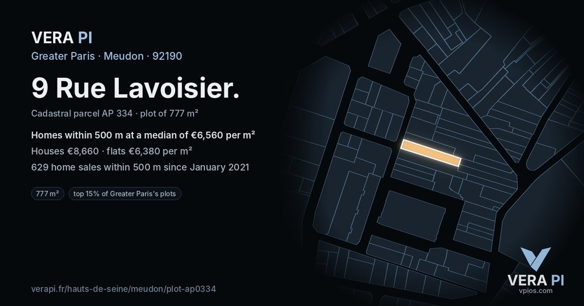 9 Rue Lavoisier, Meudon at night – the plot lit, the parcels around coloured by the prices near them