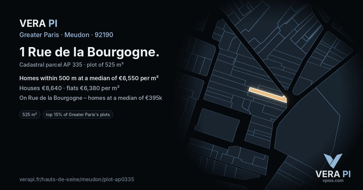 1 Rue de la Bourgogne, Meudon at night – the plot lit, the parcels around coloured by the prices near them