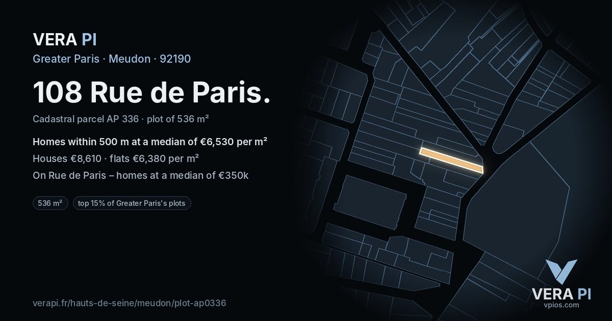 108 Rue de Paris, Meudon at night – the plot lit, the parcels around coloured by the prices near them