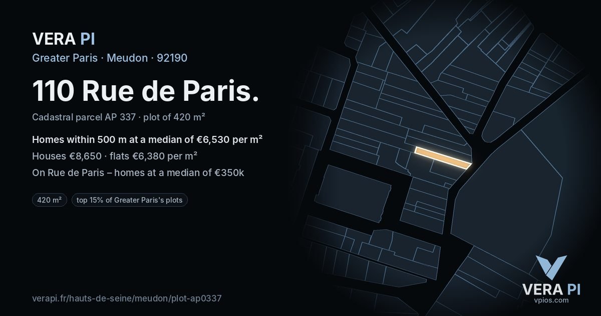 110 Rue de Paris, Meudon at night – the plot lit, the parcels around coloured by the prices near them