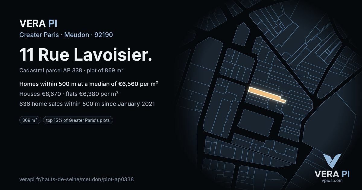 11 Rue Lavoisier, Meudon at night – the plot lit, the parcels around coloured by the prices near them