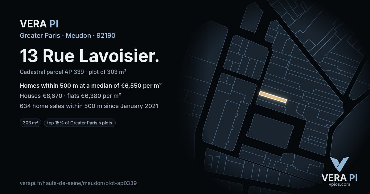 13 Rue Lavoisier, Meudon at night – the plot lit, the parcels around coloured by the prices near them