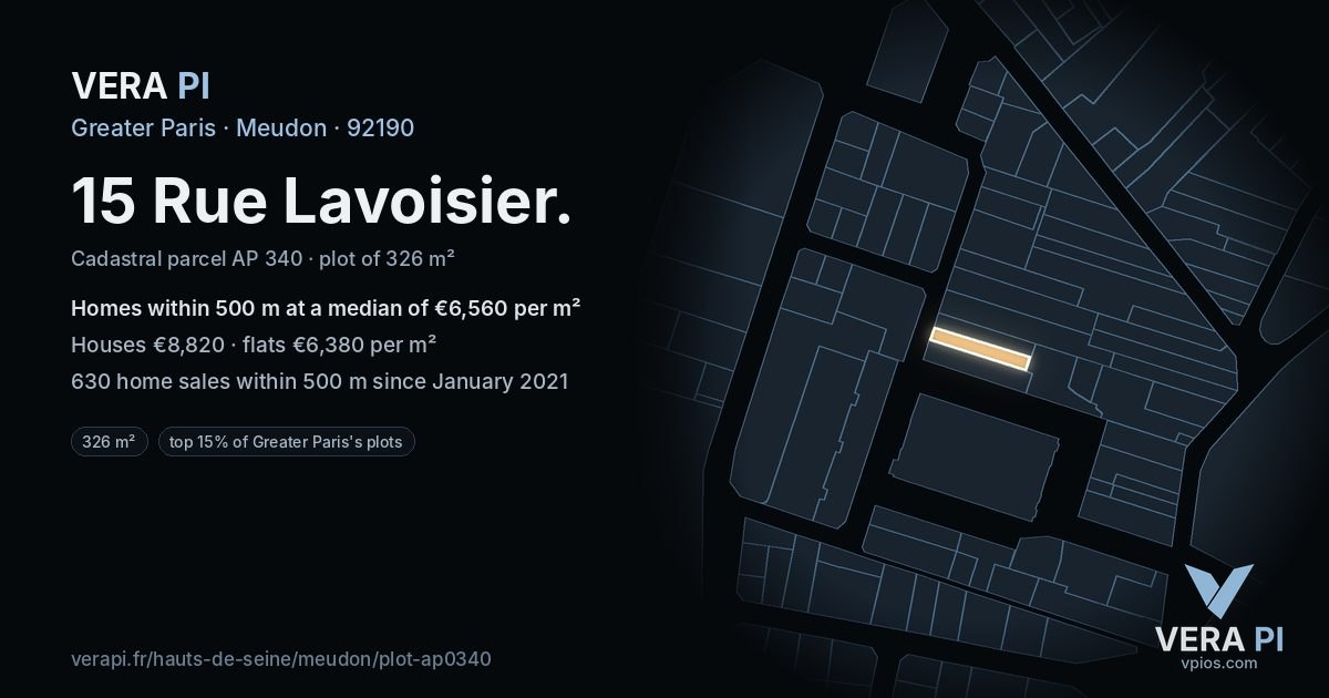 15 Rue Lavoisier, Meudon at night – the plot lit, the parcels around coloured by the prices near them
