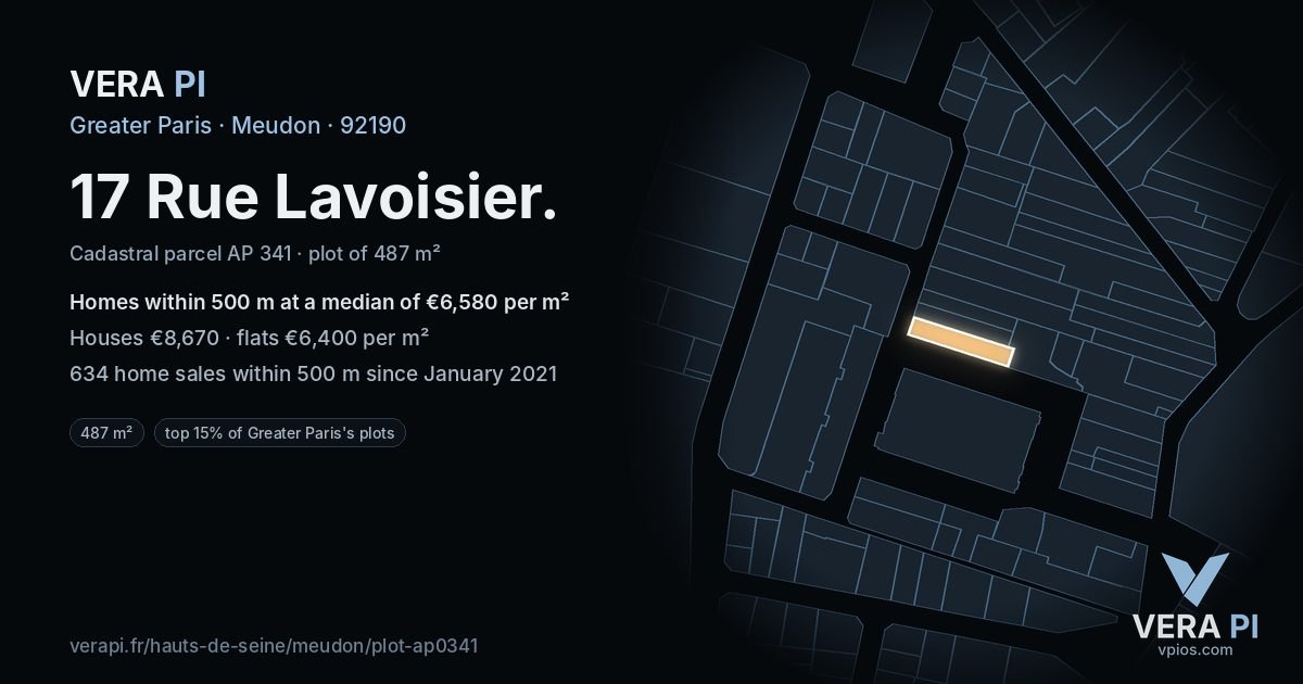 17 Rue Lavoisier, Meudon at night – the plot lit, the parcels around coloured by the prices near them