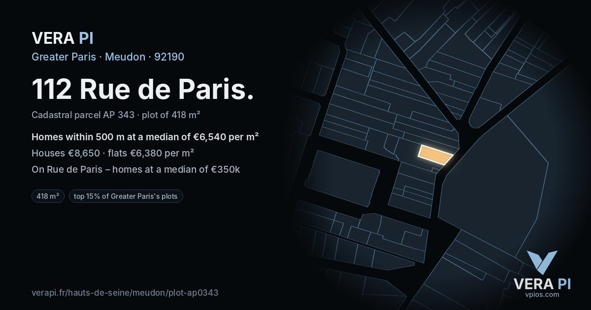 112 Rue de Paris, Meudon at night – the plot lit, the parcels around coloured by the prices near them