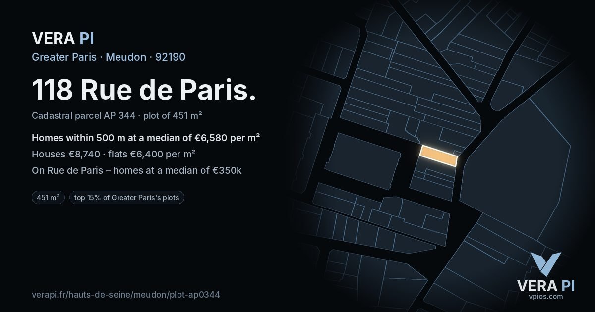 118 Rue de Paris, Meudon at night – the plot lit, the parcels around coloured by the prices near them