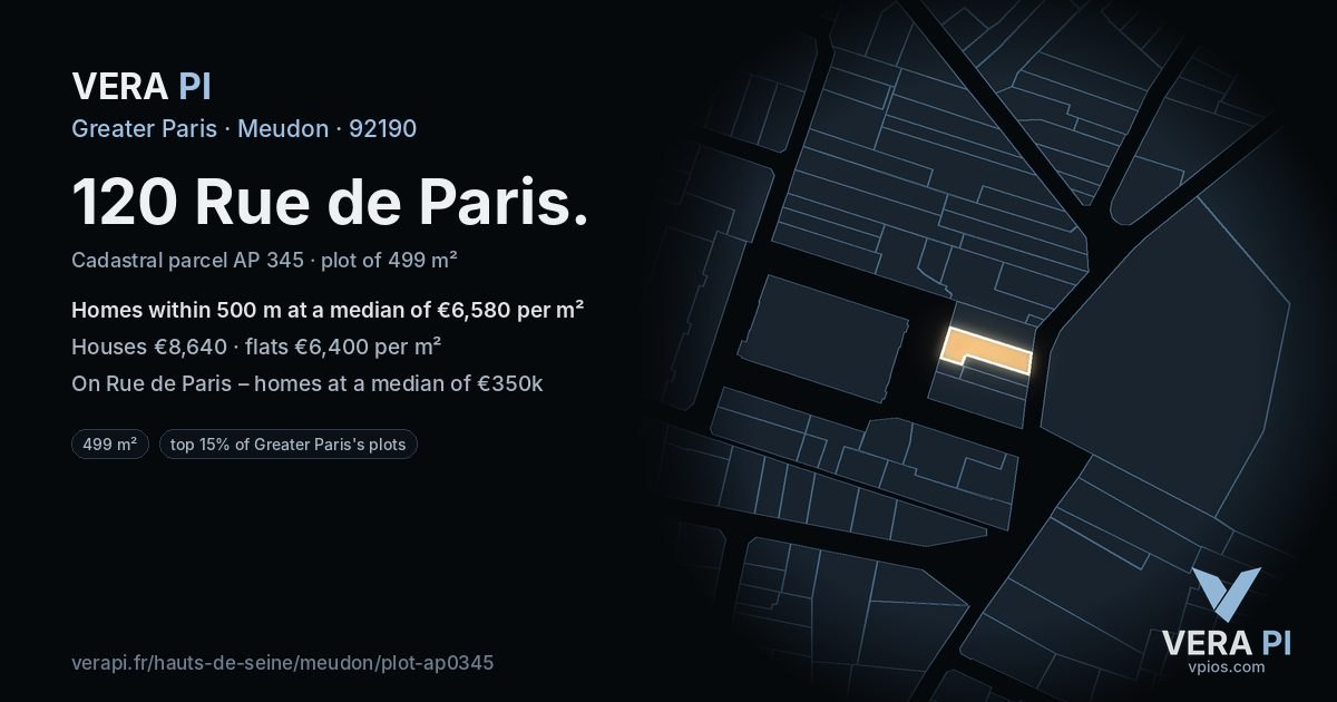 120 Rue de Paris, Meudon at night – the plot lit, the parcels around coloured by the prices near them
