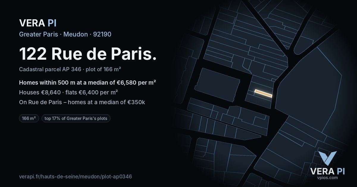 122 Rue de Paris, Meudon at night – the plot lit, the parcels around coloured by the prices near them