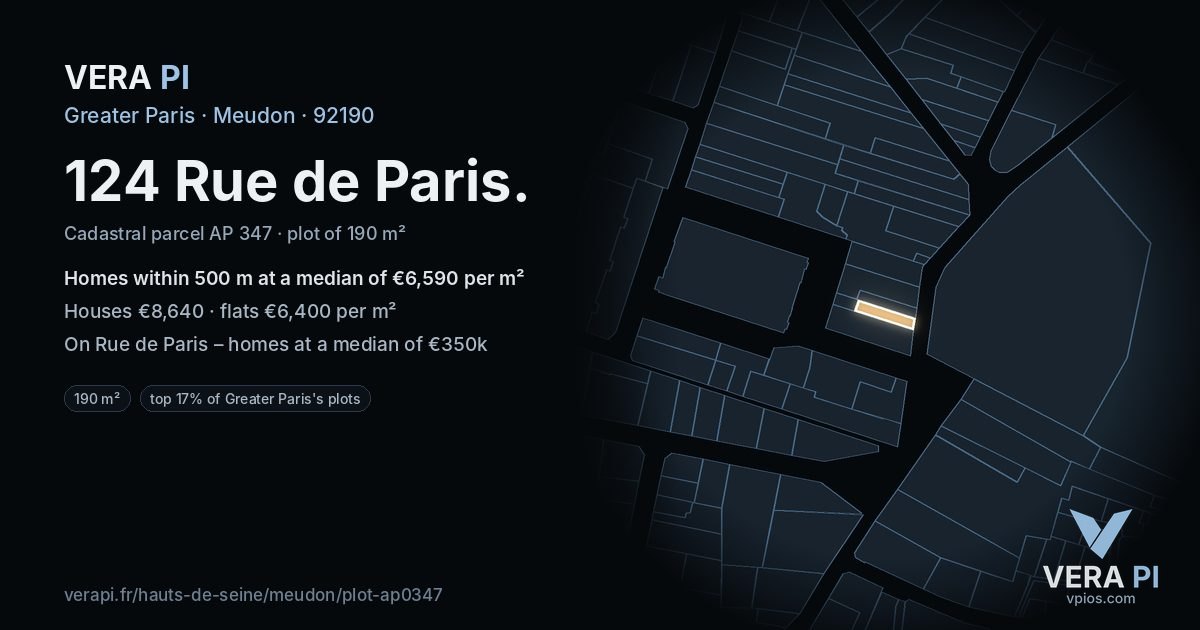 124 Rue de Paris, Meudon at night – the plot lit, the parcels around coloured by the prices near them