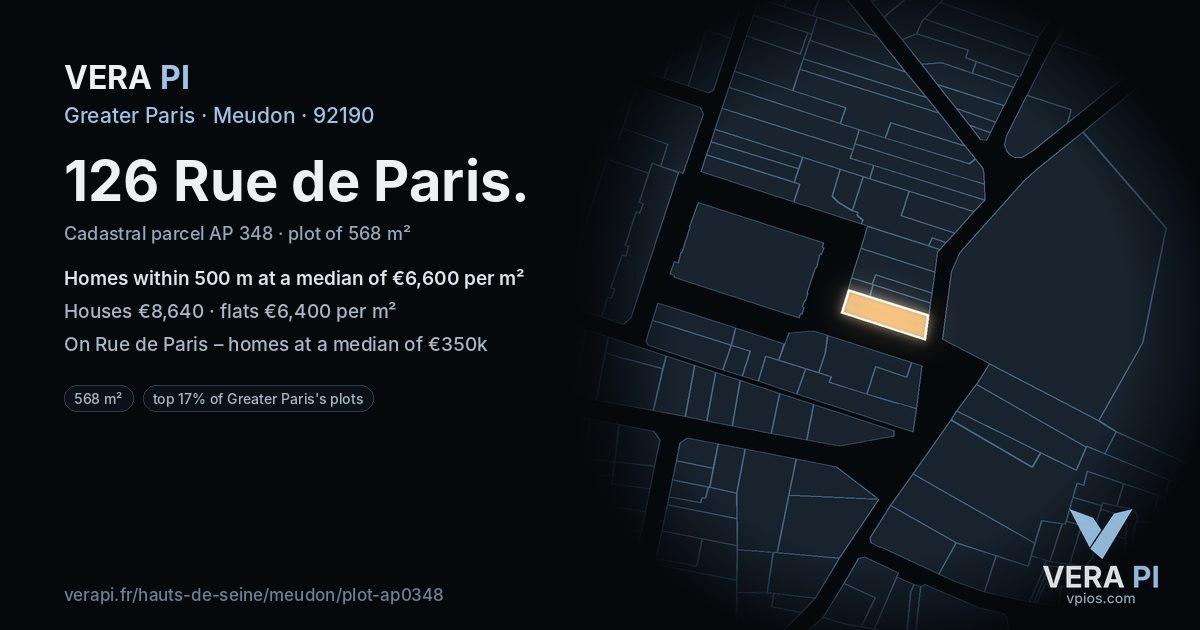 126 Rue de Paris, Meudon at night – the plot lit, the parcels around coloured by the prices near them