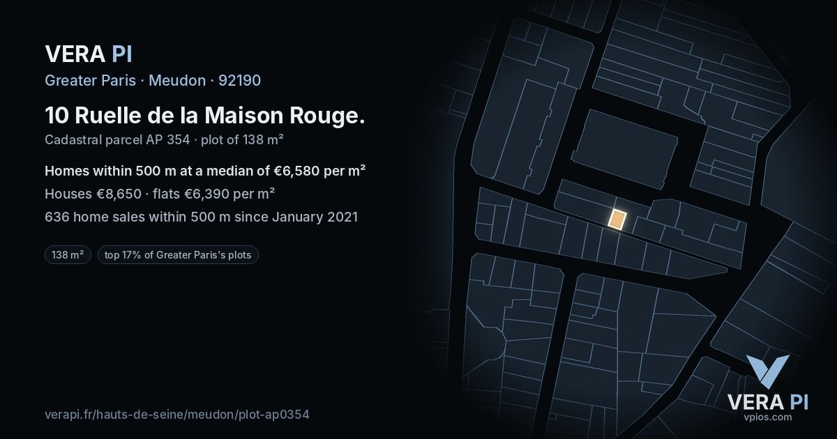 10 Ruelle de la Maison Rouge, Meudon at night – the plot lit, the parcels around coloured by the prices near them