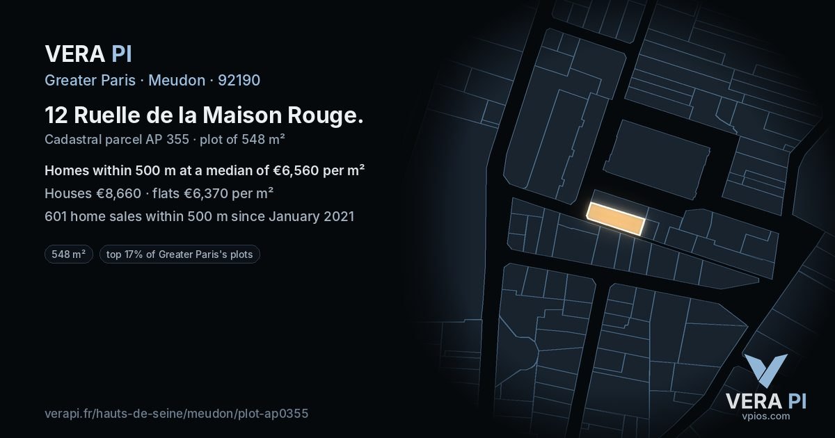12 Ruelle de la Maison Rouge, Meudon at night – the plot lit, the parcels around coloured by the prices near them