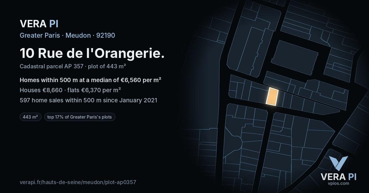 10 Rue de l'Orangerie, Meudon at night – the plot lit, the parcels around coloured by the prices near them