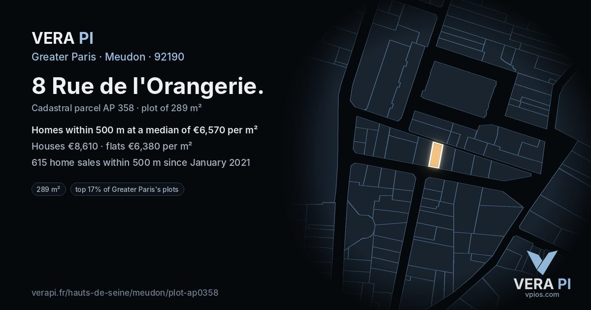 8 Rue de l'Orangerie, Meudon at night – the plot lit, the parcels around coloured by the prices near them