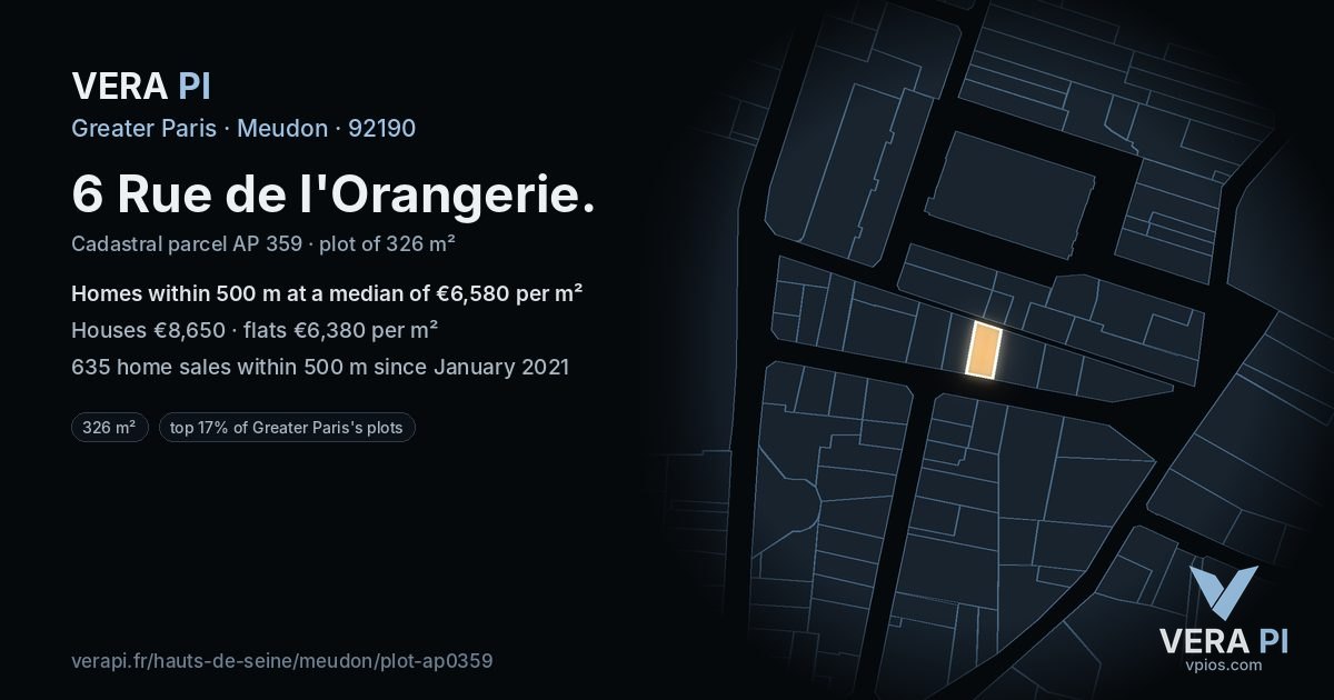 6 Rue de l'Orangerie, Meudon at night – the plot lit, the parcels around coloured by the prices near them