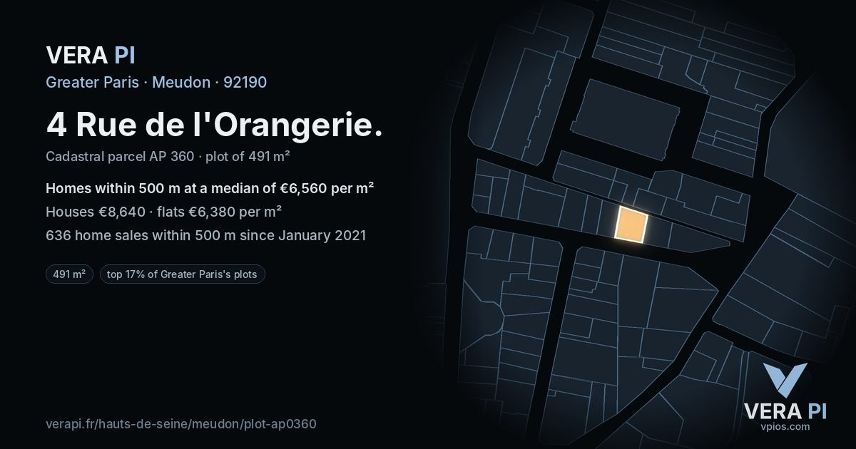 4 Rue de l'Orangerie, Meudon at night – the plot lit, the parcels around coloured by the prices near them