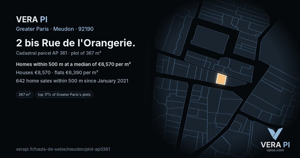 2 bis Rue de l'Orangerie, Meudon at night – the plot lit, the parcels around coloured by the prices near them