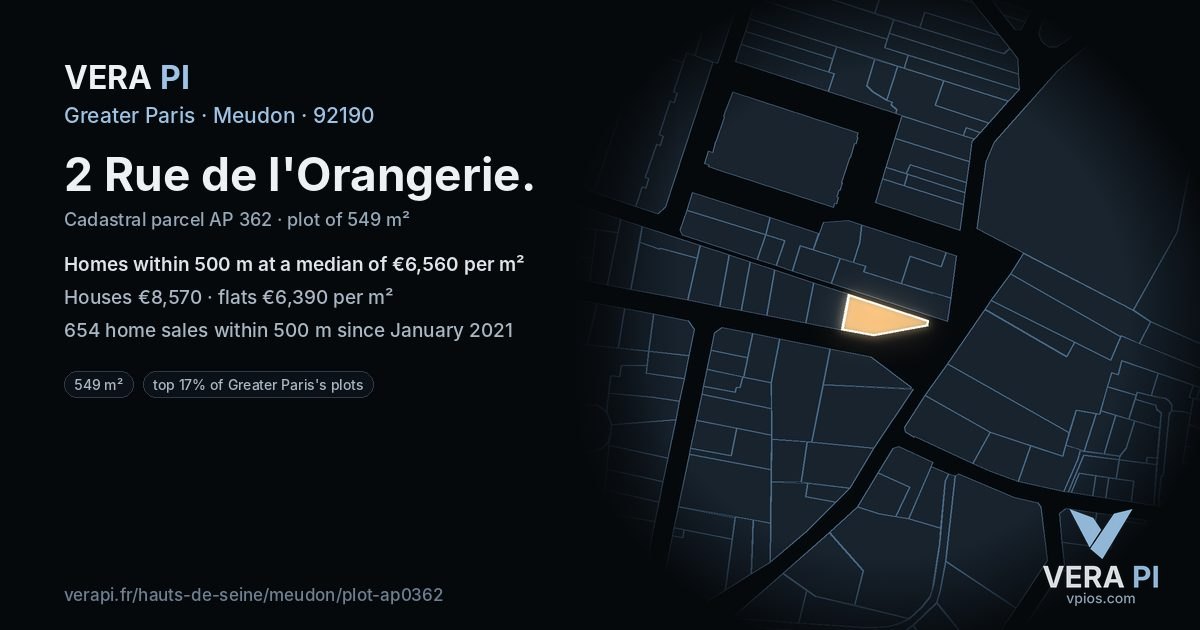 2 Rue de l'Orangerie, Meudon at night – the plot lit, the parcels around coloured by the prices near them