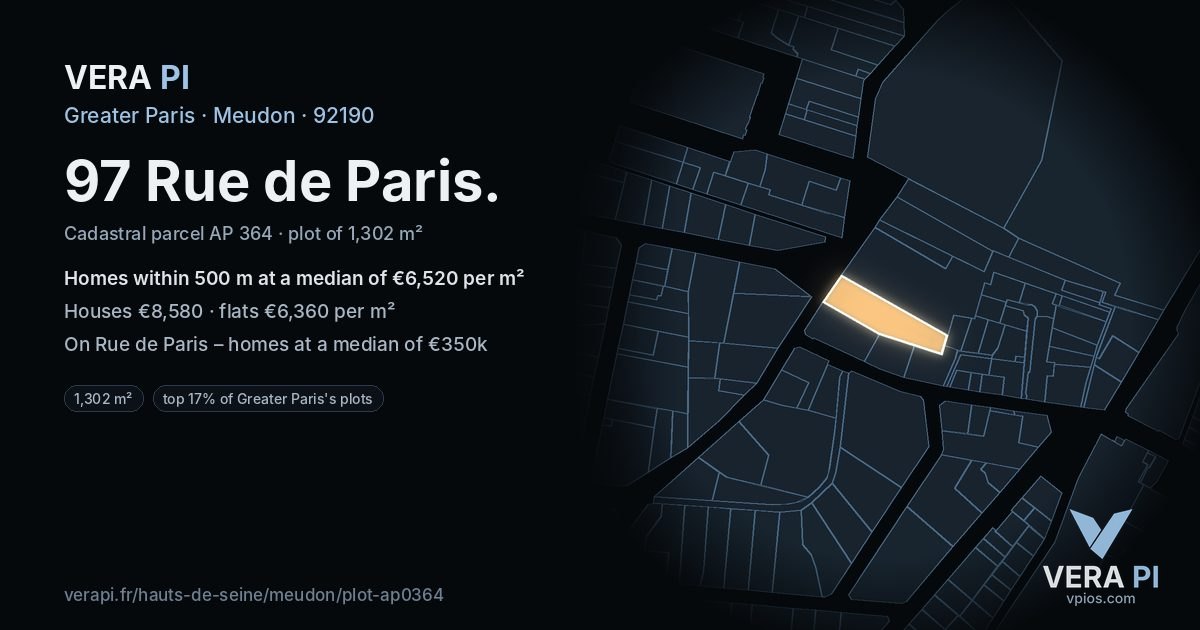 97 Rue de Paris, Meudon at night – the plot lit, the parcels around coloured by the prices near them