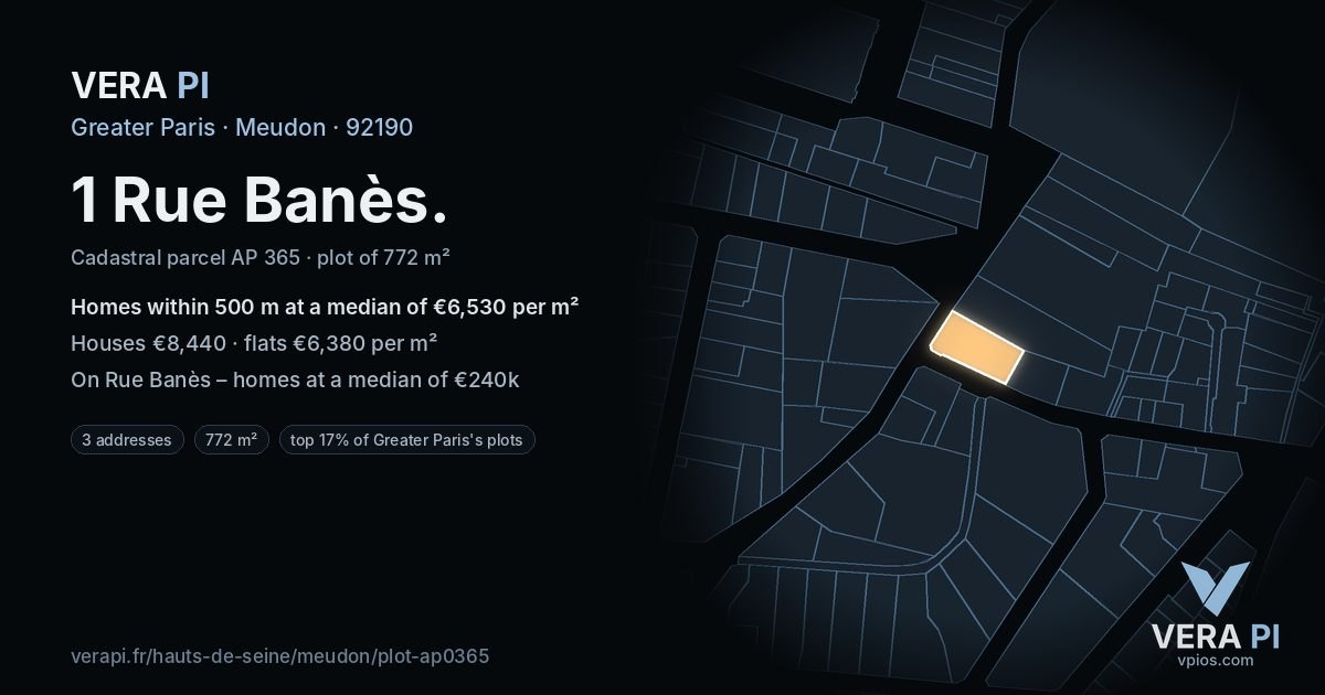 1 Rue Banès, Meudon at night – the plot lit, the parcels around coloured by the prices near them