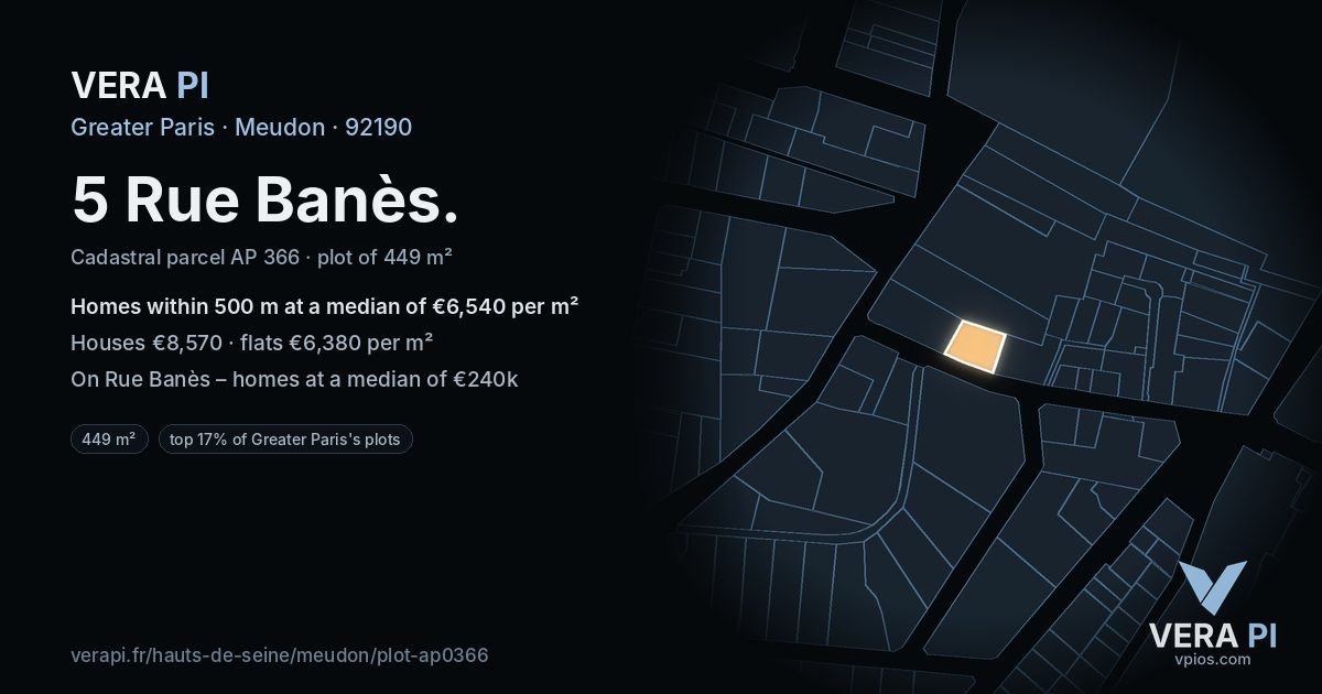 5 Rue Banès, Meudon at night – the plot lit, the parcels around coloured by the prices near them
