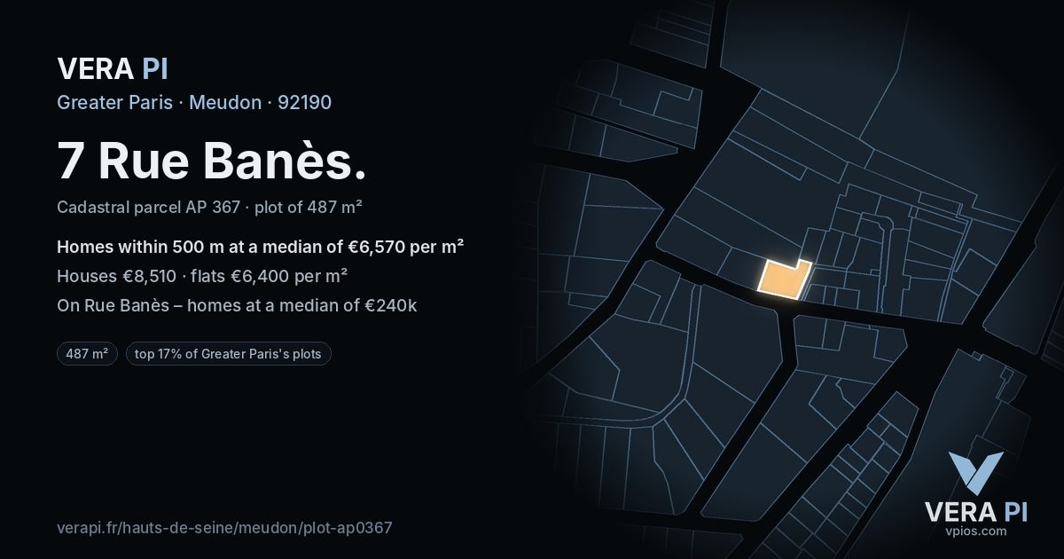 7 Rue Banès, Meudon at night – the plot lit, the parcels around coloured by the prices near them